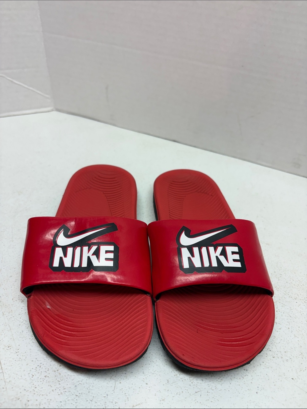 Nike Red Slide Sandals with Black & White Logo